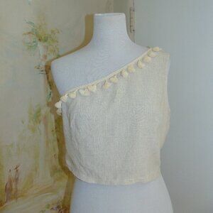 Lulus Line In The Sand Beige One-Shoulder Tassel Crop Top Linen Blend Womens L